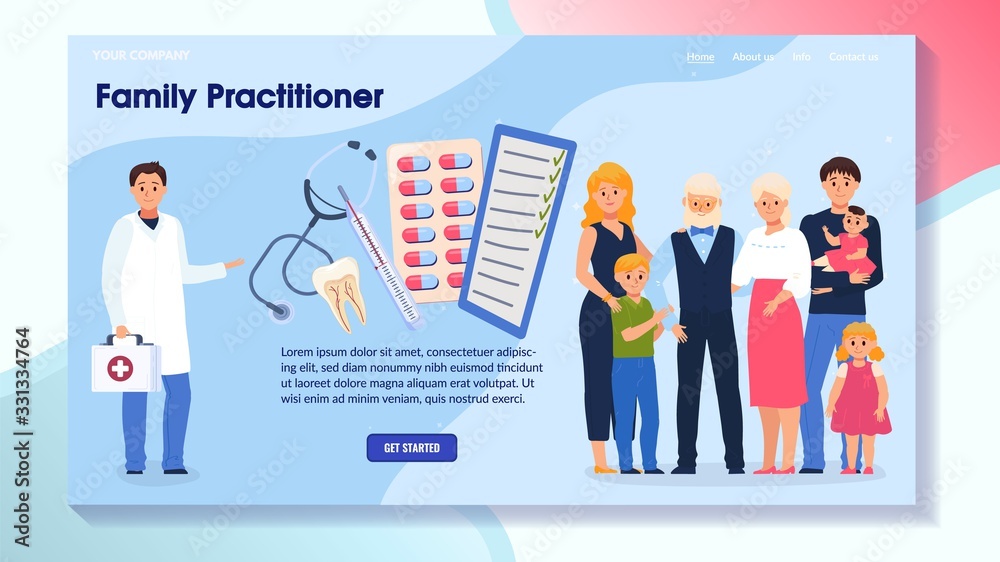 Family practitioner, characters doctor, male, female, kid, old people, flat vector illustration. Web banner, button Get Started. Design for website, landing. Medical staff stethoscope drug