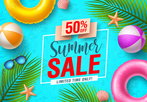 Summer sale vector banner design. Summer sale discount text in blue pattern background with beach elements like floater, beach ball, sunglasses and palm leaves for seasonal promotion. Vector 