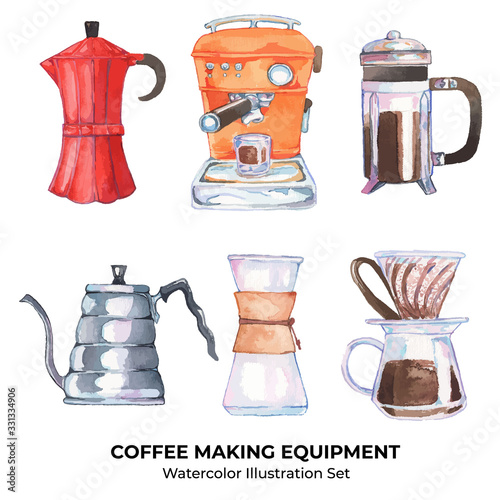 Coffee Equipment Vector Watercolor Illustration Set