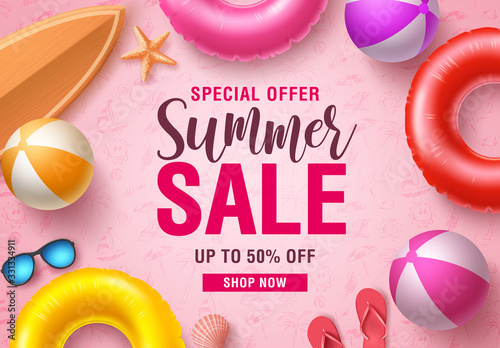 Summer sale vector banner design. Summer sale promotional discount text with summer beach elements like floaters, beach ball, flip flop and sunglasses in pink pattern background. Vector illustration. 