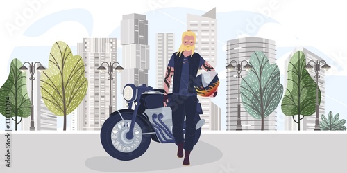 Character biker with helmet, motorcycle, stay on city background, cartoon vector illustration. Biker walking street, city background. Male motorcyclist with white beard, design for web banner.