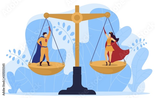 Gender equality, super characters woman and man stand scales, isolated on white, flat vector illustration. Male, female have equal right. Design consept web banner for gender equality.