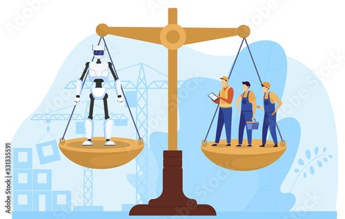 Technical revolution, characters worker and robot stand scales, isolated on white, flat vector illustration. Machine replace person in workplace. Labor day, hard worker and machine.
