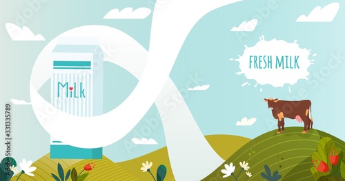 Advertising banner, poster fresh milk, cow stay in field, flower, flat vector illustration. Free range heifer on eco clean place, healthy bottle, packet milk. Design ads for website.