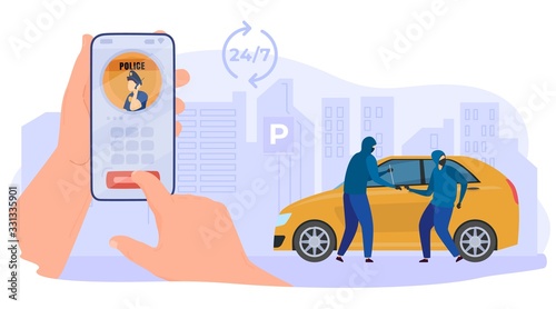 Online call police, criminal character steal car, hand hold mobile phone with application, isolated on white, flat vector illustration. 24 7 call center. Design web banner, poster and postcard.