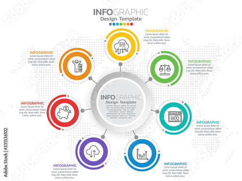 Business 7 step process chart infographics with step circles.