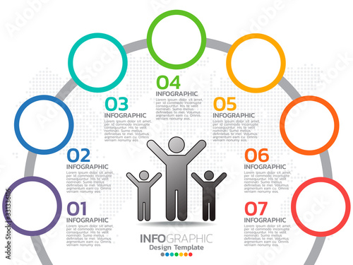 Business 7 step process chart infographics with step circles.