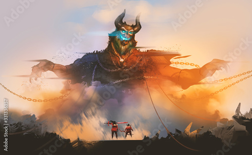 Fototapeta Digital illustration painting design style 2 warriors encounter demon from hell, against sunset and ruins.