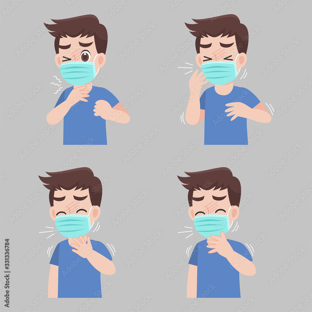 Set of man with different diseases symptoms - fever, cough, Sore throat. wearing a surgical protective Medical mask for prevent virus Wuhan Covid-19.Corona virus. Health care concept. Set of man with different diseases symptoms - fever, cough, Sore throat. wearing a surgical protective Medical mask for prevent virus Wuhan Covid-19.Corona virus. Health care concept.