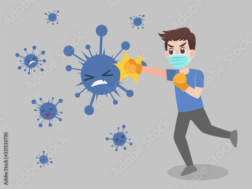 Man Fight punch virus wearing a surgical protective Medical mask for prevent virus Wuhan Covid-19.Corona virus. Health care concept.