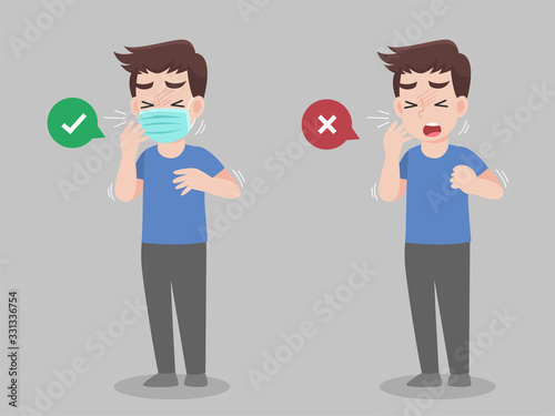 Man cough wearing mask and without mask. color speech bubble like do and don't. Healthy way to safe from virus infections. Health care concept.