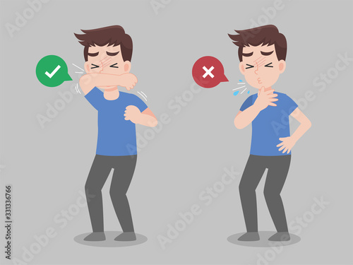 Man use elbow cover mouth before sneeze and don't do. color speech bubble like do and don't. Healthy way to safe from virus infections. Health care concept.