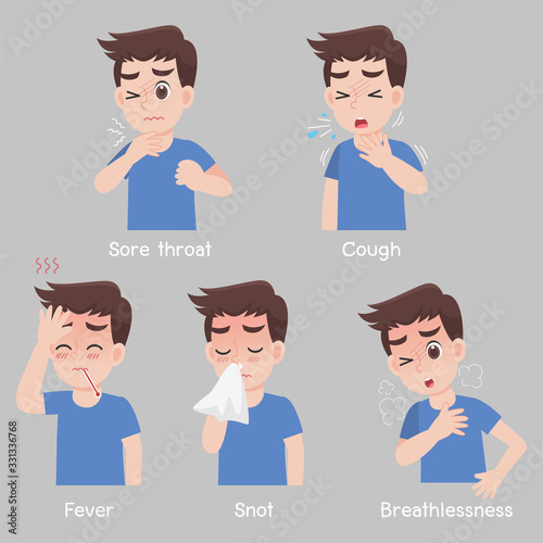 Set of Man with different diseases symptoms - Sore throat, cough, fever, snot, breathlessness.Health care concept.