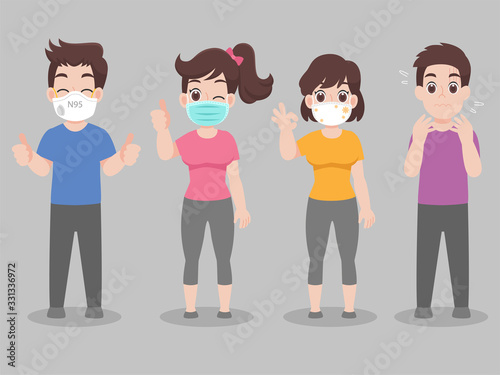 Set of people wearing face mask with different types of face mask for prevent virus Wuhan Covid-19.Corona virus.Health care concept.