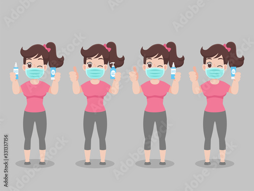 Set of Cartoon Character Woman wear face mask show and clean her hands by use alcohol gel for prevent virus Wuhan Covid-19.Corona virus, Health care concept.