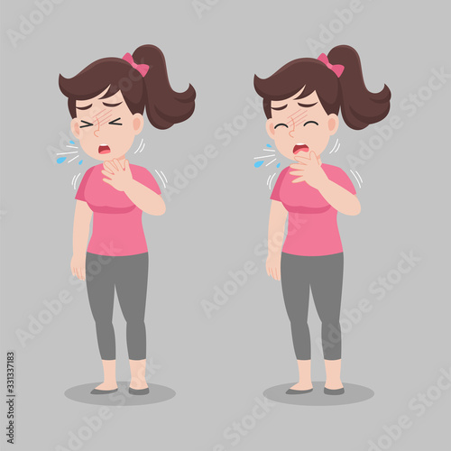 Woman with different diseases symptoms - fever, cough, snot. Set of icons about child illness signs. Health care concept.