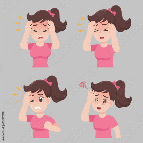 Woman with different diseases symptoms - Headache, fever, dizziness, Health care concept.