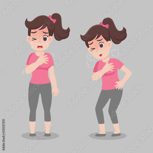 Woman has Breathlessness. Cartoon character design. Health care concept.