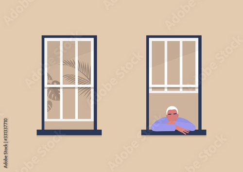 Young male character looking out the window, self-isolation and boredom, quarantine