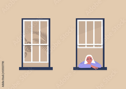 Young female character looking out the window, self-isolation and boredom, quarantine