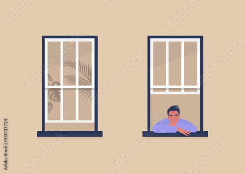 Young male character looking out the window, self-isolation and boredom, quarantine