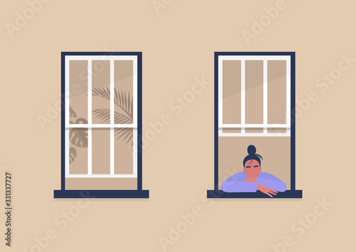Young female character looking out the window, self-isolation and boredom, quarantine