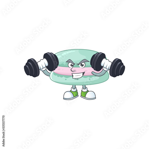 Mascot design of grinning Fitness exercise vanilla blue macarons lift up barbells