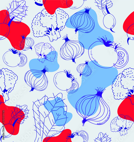 Vector vegetable pattern: abstraction of vegetables and color spots, blue background, cold tones, ideal for textiles