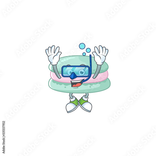 A cartoon design of vanilla blue macarons trying Diving glasses