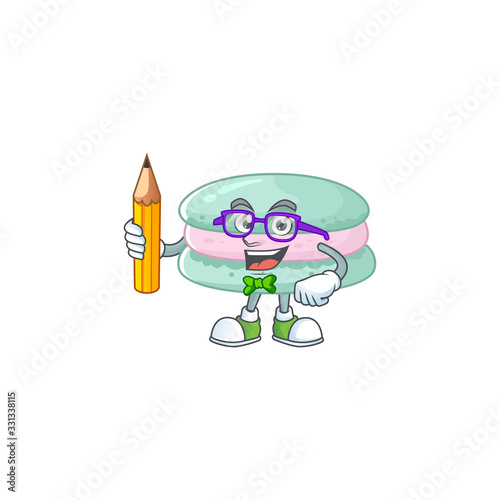 Vanilla blue macarons clever student character using a pencil