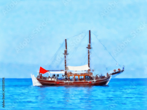 Sailing yachts in the sea. Seascape watercolor. Sea, pleasure ships. Digital painting - illustration. Drawing watercolor © svrid79