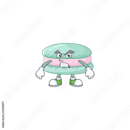 Charming vanilla blue macarons mascot design style waving hand