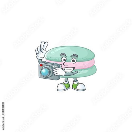 Vanilla blue macarons mascot design as a professional photographer with a camera