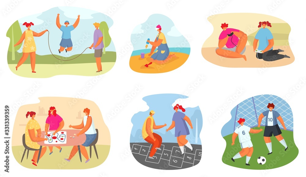 Kids playing game vector illustration. Teen girl and boy having fun together in various sport activity, children gaming on board and video game, child gamers, summertime active rest isolated icon set