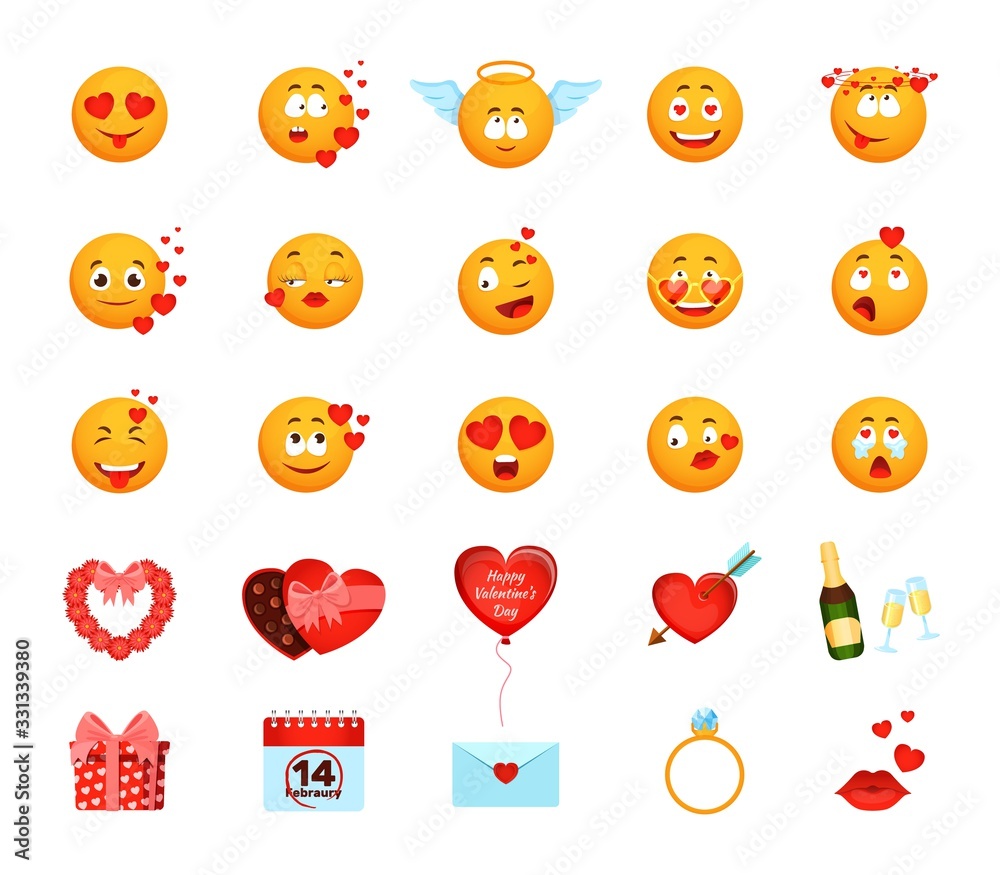 Vetor de Love emoji with hearts vector illustration. Cartoon yellow face  emoticon make loving emotions, smile kiss, wink surprise, angel cry. Cute  kawaii positive saint valentine collection, isolated on white do Stock