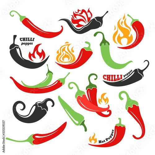 Hot chilli pepper in fire icons vector illustration set. Flamed chili jalapeno extra spicy pods with flame. Cartoon red, green and black burning peppers, spice mexican peppery food logo, flat isolated