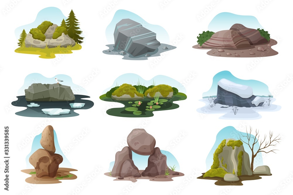 Boulder and rock stone isolated vector illustration set. Cartoon different  pile of multicolored texture boulders with moss, grass and treees in all  nature seasons, rocky natural landscape with stones Stock Vector |