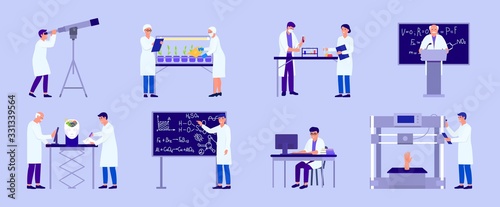 Scientist in lab research vector illustration. Cartoon flat people making experiment test in science laboratory, scientific character researcher working in medicine, chemistry, biology isolated set