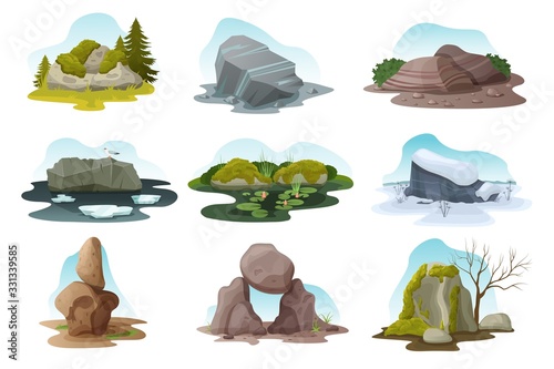 Boulder and rock stone isolated vector illustration set. Cartoon different pile of multicolored texture boulders with moss, grass and treees in all nature seasons, rocky natural landscape with stones