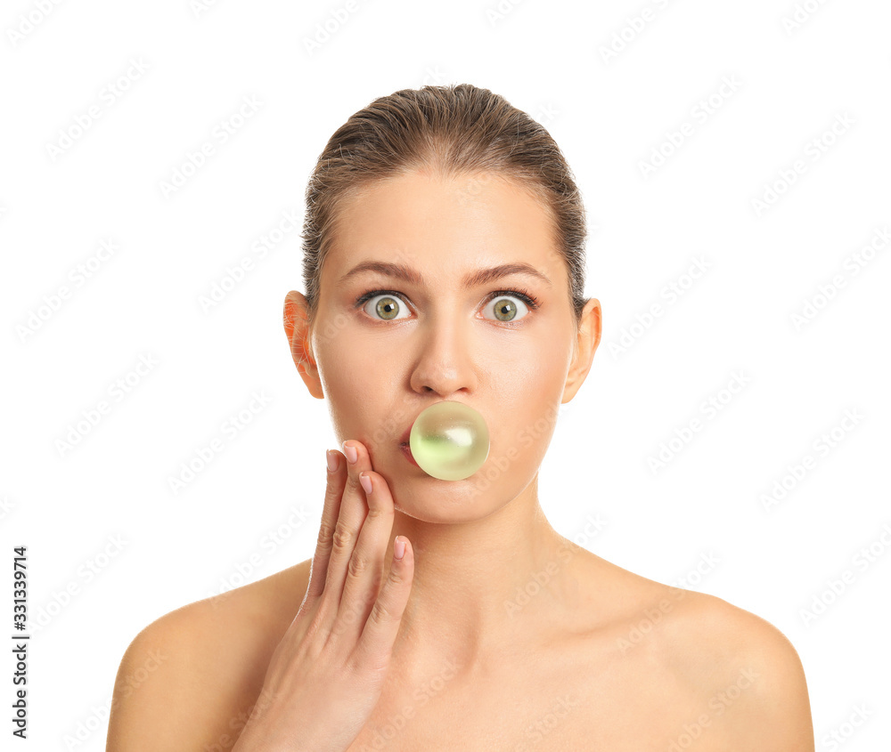 Shocked young woman with chewing gum on white background Shocked young woman with chewing gum on white background