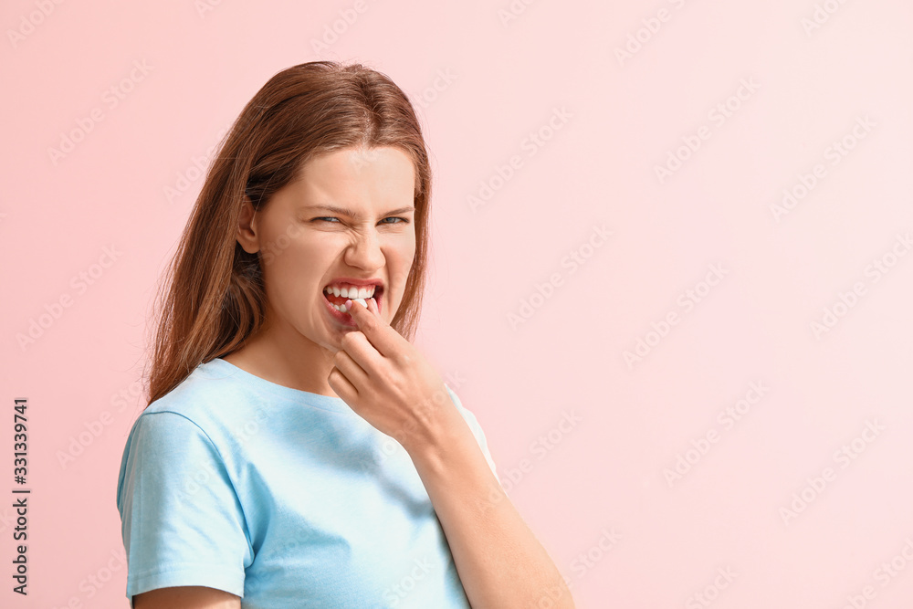 Funny young woman with chewing gum on color background Funny young woman with chewing gum on color background