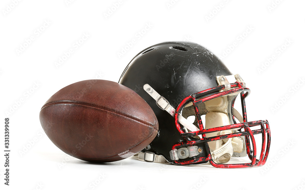 Helmet of American football player and ball on white background Helmet of American football player and ball on white background