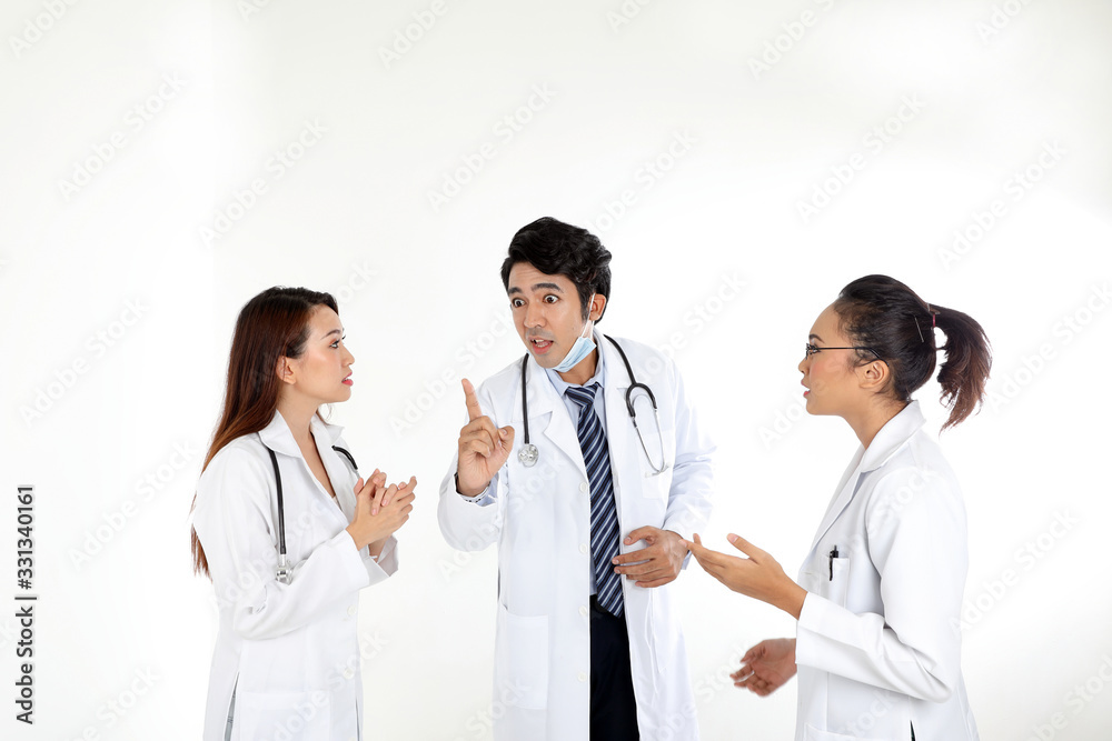Asian Malay Chinese male female three doctors talking discussing serious pointing finger on white background Asian Malay Chinese male female three doctors talking discussing serious pointing finger on white background