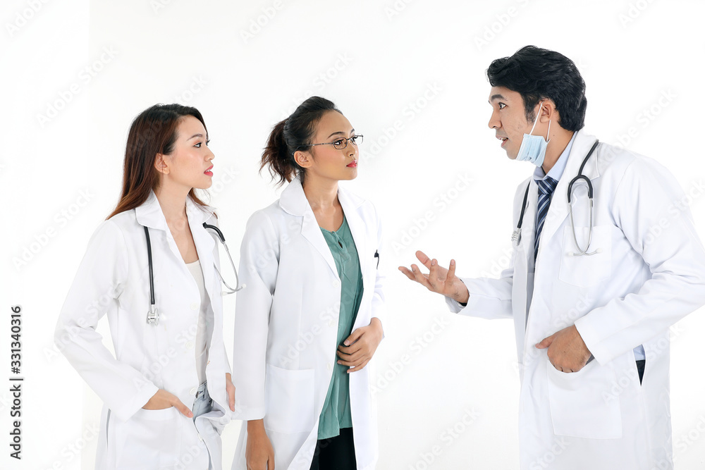 Asian Malay Chinese male female three doctors talking discussing on white background Asian Malay Chinese male female three doctors talking discussing on white background