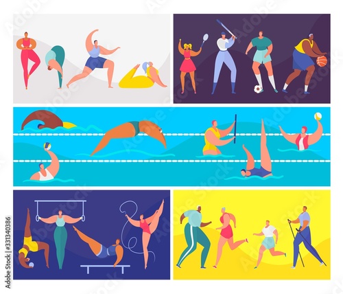 Cartoon sport people vector illustration set. Active flat man woman character in healthy sport activity, person training, swimming, doing yoga exercise in gym. Runner in marathon athlete, game player