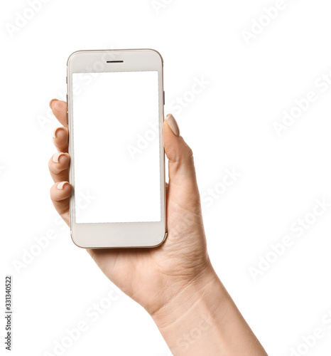 Female hand with mobile phone on white background