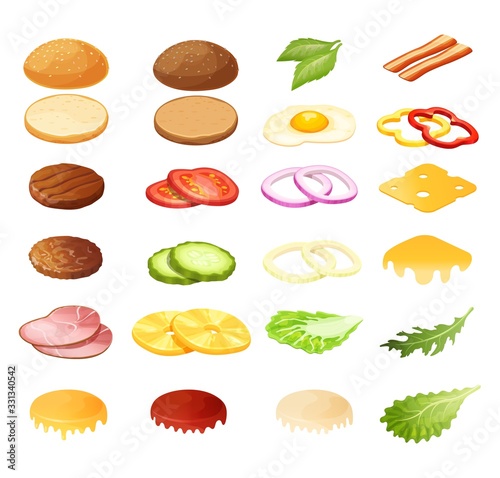 Isometric burger sandwich constructor vector illustration. 3d cartoon food menu ingredients for hamburger, product sandwich maker. Bread, salad, meat and bacon, cheese snack icon set isolated on white