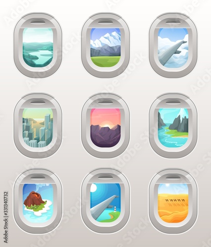 Airplane window view vector illustration. Cartoon interior plane inside, viewing through cabin porthole on trip holiday destination, sea island landscape, mountain desert scenery. Travel concept set