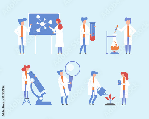 Scientist working, science research vector illustration set. Cartoon flat people, tiny woman man character with lab microscope, magnifying glass scientific equipment doing experiment in laboratory