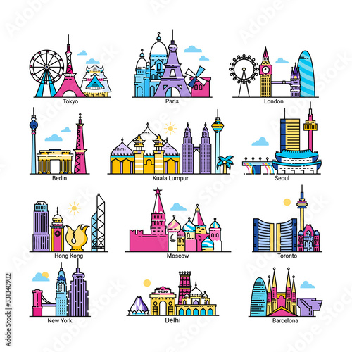 City skyline world famous capital vector illustrations. Cartoon cityscape of European, Asian, American country, colorful big city popular buildings and landmarks, travel isolated flat line icon set